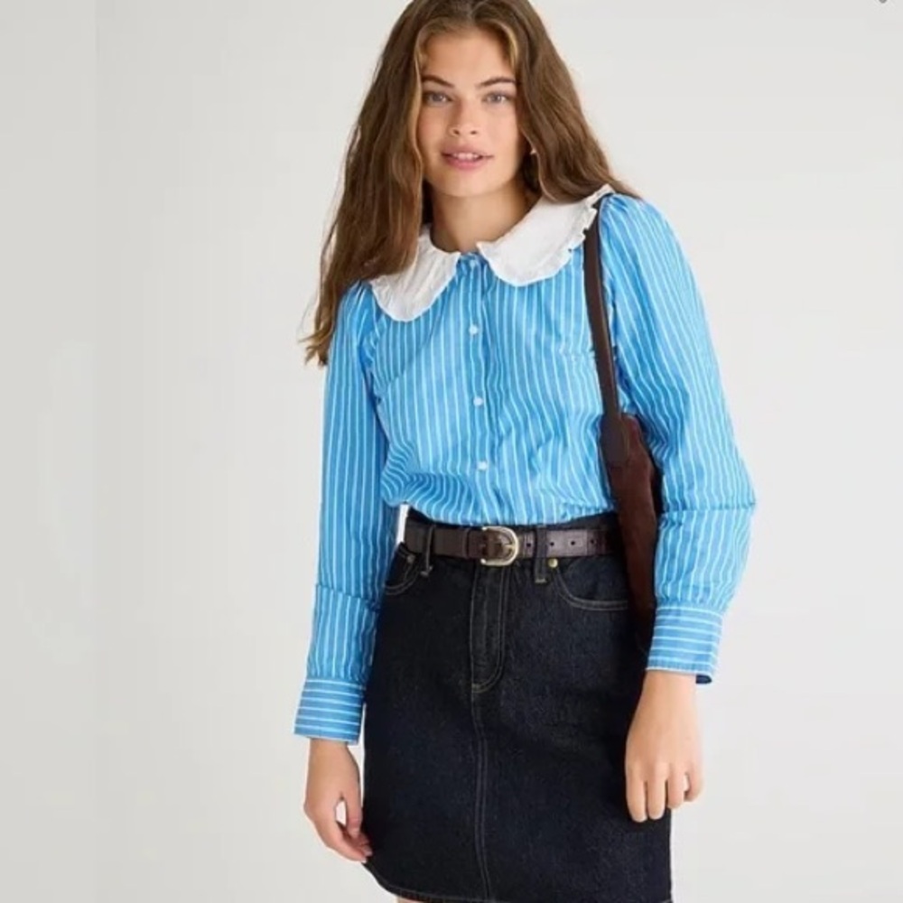 J. Crew Blue Striped Blouse with White Peter Pan Collar